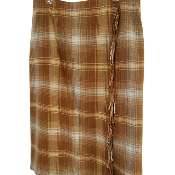 VTG Village Maxi Skirt Plaid Wool Blend Faux Wrap Fringe Lined Size 14 Tan Blue - Picture 5 of 14